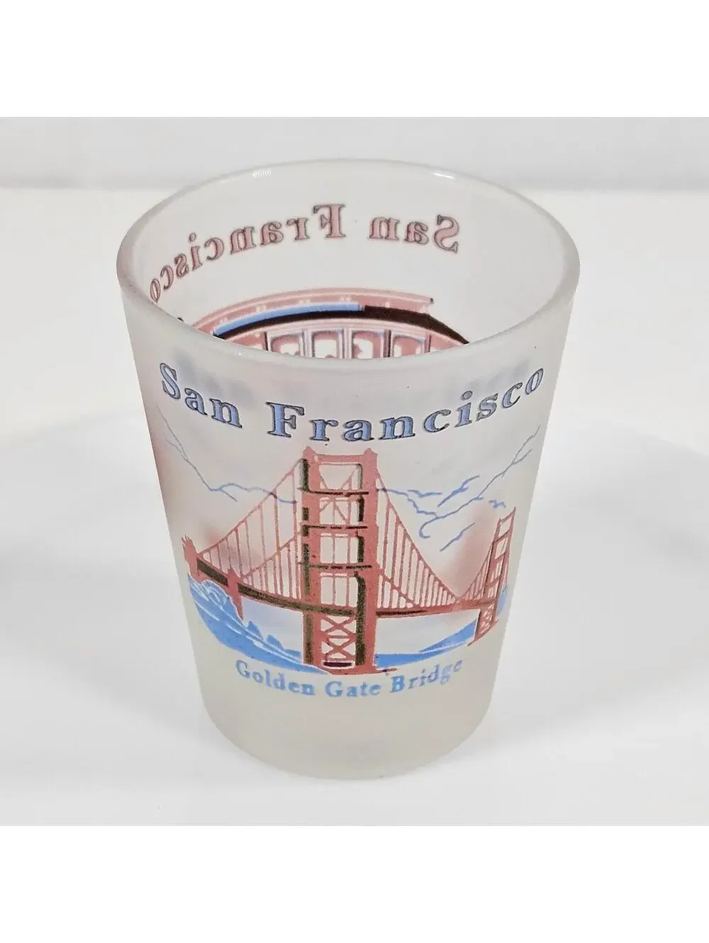 Vintage San Francisco Frosted Shot Glass Golden Gate Bridge Cable Car Souvenir